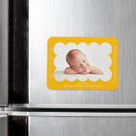 Yellow Modern Scalloped Frame Birth Announcement Magnet<br><div class="desc">Modern birth announcement magnet featuring your baby's photo nestled inside of a bright yellow scalloped frame. Personalize the yellow birth announcement magnet by adding your baby's name and additional information in white lettering.</div>
