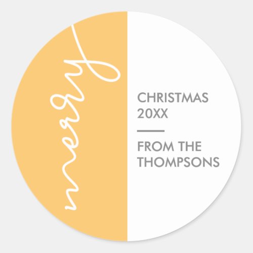 Yellow Modern Simple Merry Christmas Script Classic Round Sticker