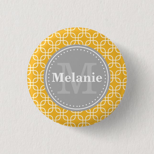 Yellow Modern Squares Pattern Grey Monogram Button (Front)