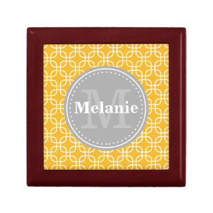 Yellow Modern Squares Pattern Grey Monogram Jewelry Box