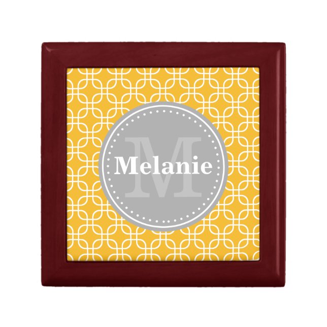 Yellow Modern Squares Pattern Grey Monogram Jewelry Box (Front)