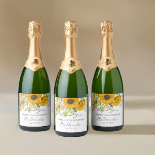 Yellow Modern Sunflowers Bouquet Wedding  Sparkling Wine Label