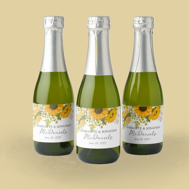 Yellow Modern Sunflowers Bouquet Wedding  Sparkling Wine Label (Creator Uploaded)