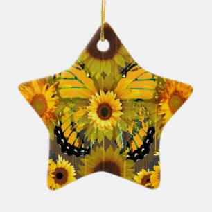 Yellow MONARCH BUTTERFLY & Sunflower ART Ceramic Ornament