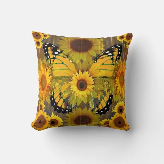 Yellow MONARCH  BUTTERFLY & Sunflower ART Throw Pillow (Front)
