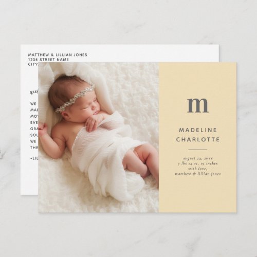 Yellow Monogram 1_Photo New Baby Announcement Postcard