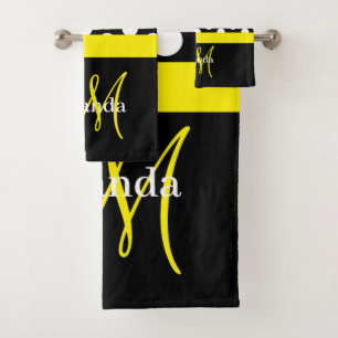 Yellow Monogram Black White Polka Dot Bath Towel Set