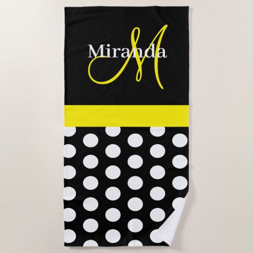 Yellow Monogram Black White Polka Dot Beach Towel