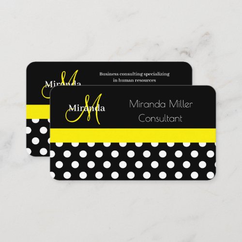 Yellow Monogram Black White Polka Dot Business Card