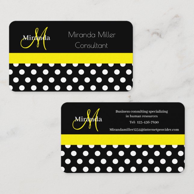 Yellow Monogram Black White Polka Dot Business Card (Front/Back)