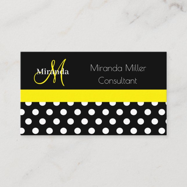 Yellow Monogram Black White Polka Dot Business Card (Front)