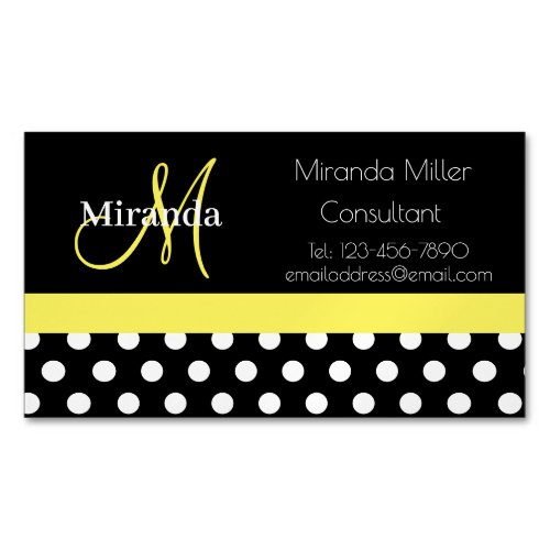 Yellow Monogram Black White Polka Dot Business Card Magnet