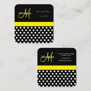 Yellow Monogram Black White Polka Dot Square Business Card