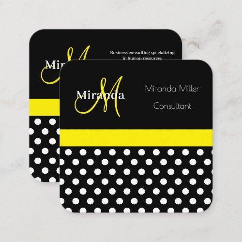 Yellow Monogram Black White Polka Dot Square Business Card
