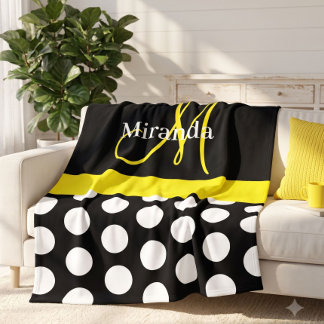 Yellow Monogram Black with White Polka Dots Fleece Blanket