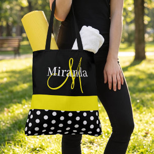 Yellow Monogram Black with White Polka Dots Tote Bag
