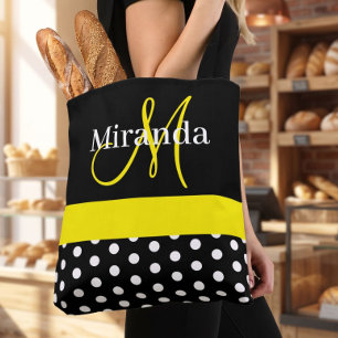 Yellow Monogram Black with White Polka Dots Tote Bag