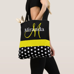 Yellow Monogram Black with White Polka Dots Tote Bag