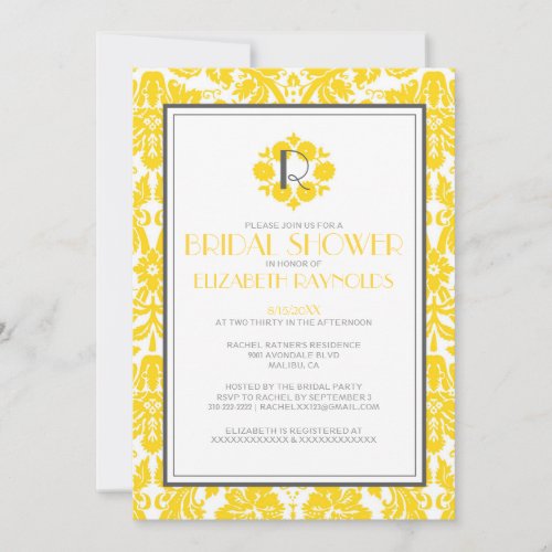 Yellow Monogram Damask Bridal Shower Invitations