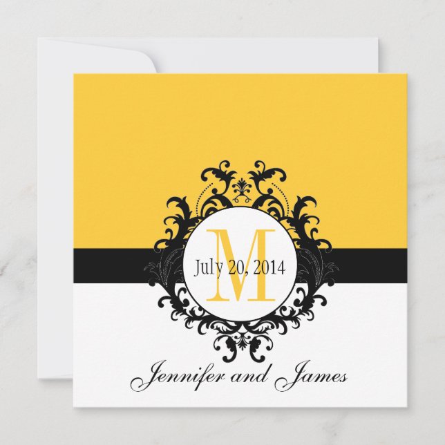 Yellow Monogram Damask Wedding Invitation (Front)