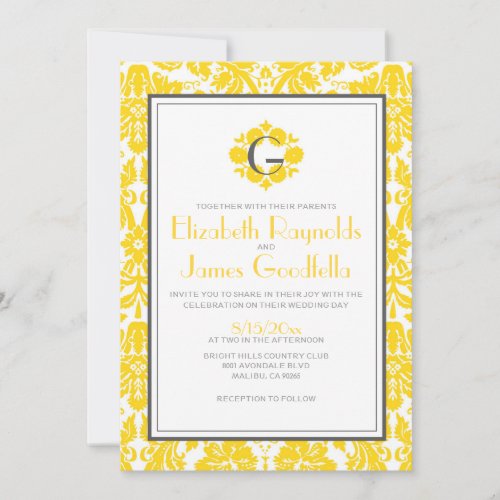 Yellow Monogram Damask Wedding Invitations