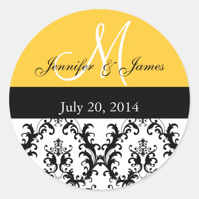 Yellow Monogram Damask Wedding Stickers (Front)