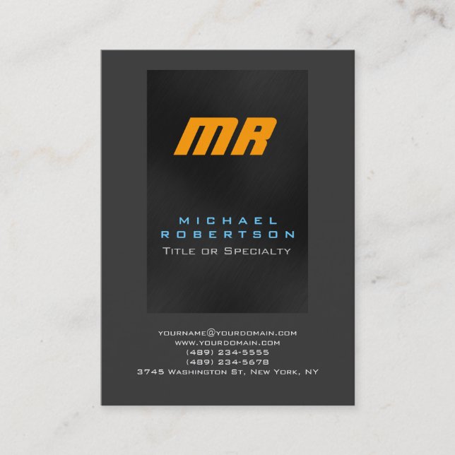 Yellow Monogram Gray Blue Chubby Business Card (Front)