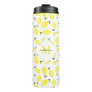 Yellow Monogram + Name on Watercolor Lemon Pattern Thermal Tumbler