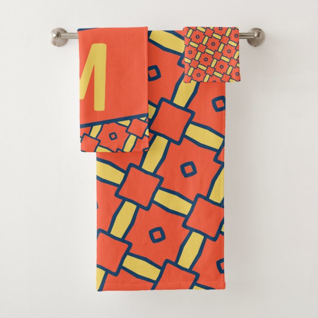 Yellow Monogram Orange Geometric Pattern Bath Towel Set (Insitu)