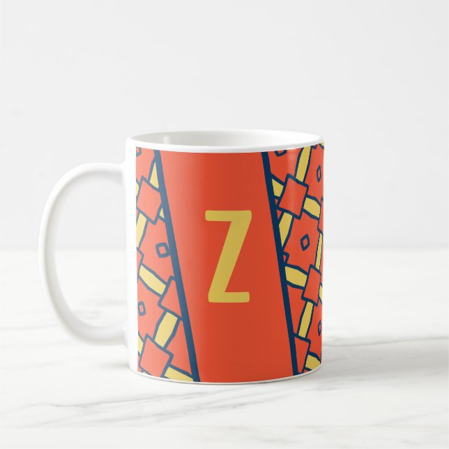 Yellow Monogram Orange Geometric Pattern Coffee Mug (Left)