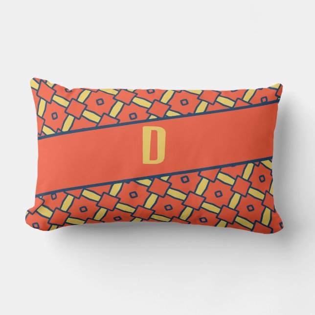 Yellow Monogram Orange Geometric Pattern Lumbar Pillow (Front)