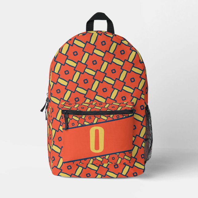 Yellow Monogram Orange Geometric Pattern Printed Backpack (Front)