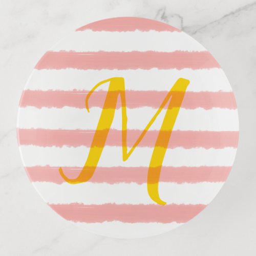 Yellow Monogram Pink White Stripes Trinket Tray