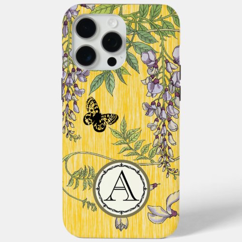 Yellow Monogram Vintage Wisteria Flower iPhone 15 Pro Max Case