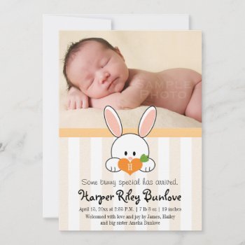 Yellow Monogrammed Bunny Rabbit Birth Announcement by OccasionInvitations at Zazzle