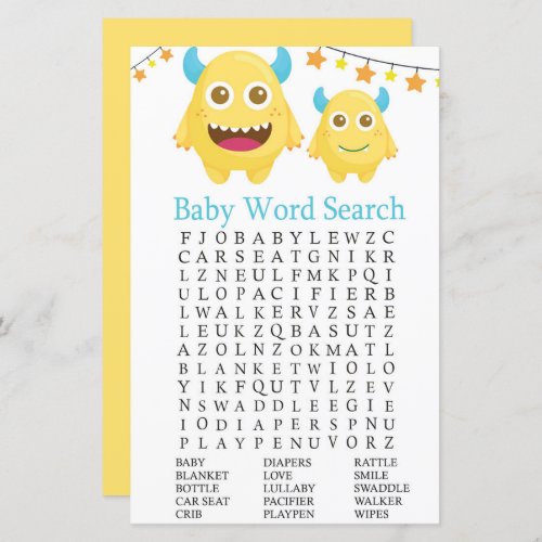 Yellow Monster Baby Shower Word Search Game