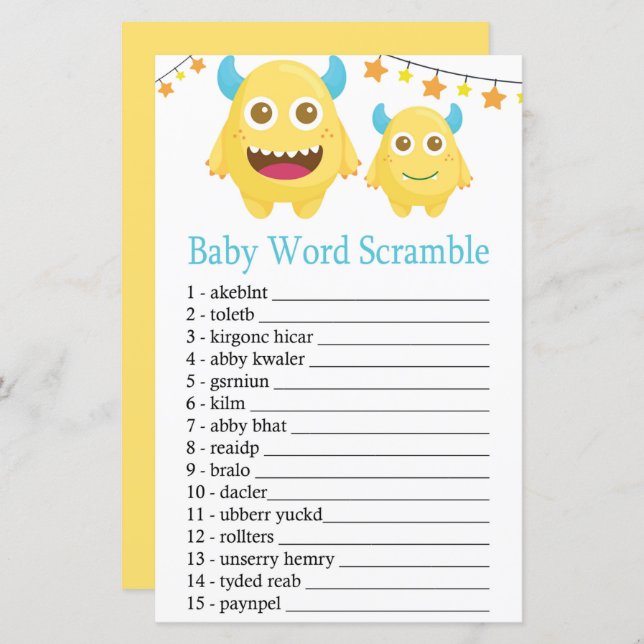 Yellow Monster Baby word scramble game (Front/Back)