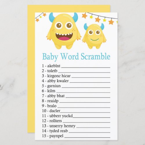 Yellow Monster Baby word scramble game