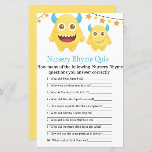 Yellow Monster Nursery Rhyme Quiz baby shower game