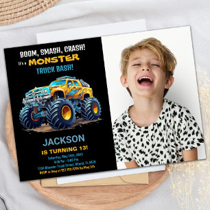 Yellow Monster Truck Birthday Invitations Photo