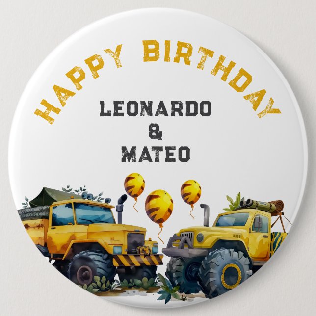Yellow Monster Trucks Boys Happy Birthday  Button (Front)