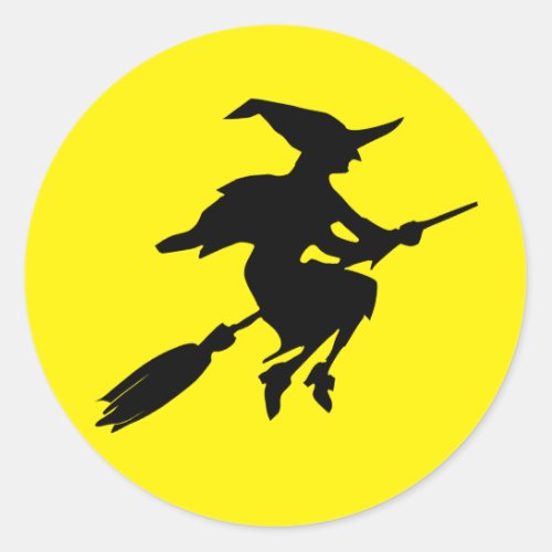 Yellow Moon and Black Flying Witch Halloween Classic Round Sticker