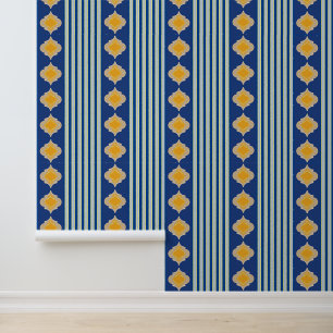 Yellow Moroccan shapes and blue stripes Wallpaper