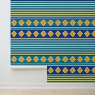 Yellow Moroccan shapes, green stripes horizontal Wallpaper