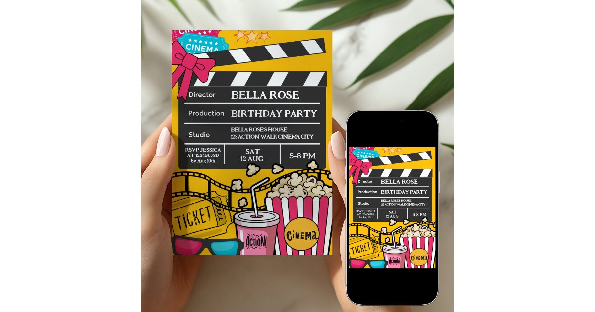 Yellow Movie Night Birthday Party For Girls Invitation | Zazzle