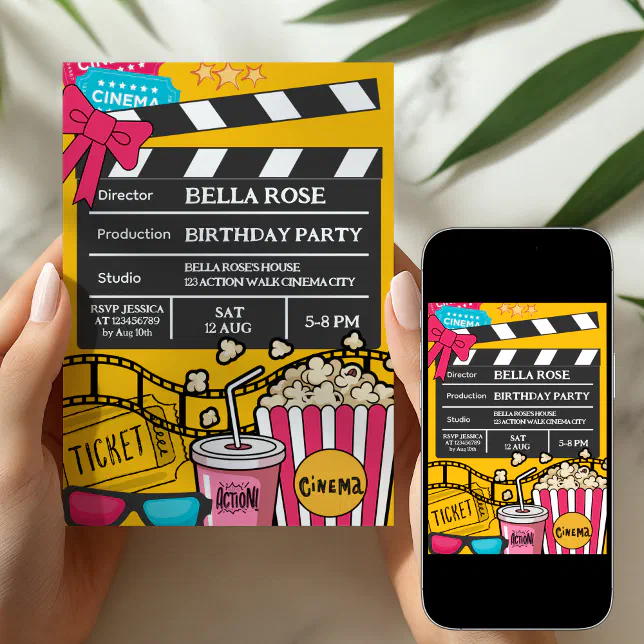 Yellow Movie Night Birthday Party For Girls Invitation | Zazzle