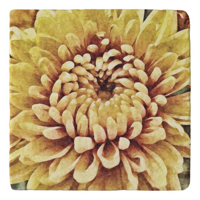 Yellow Mum Flower Art Marble Trivet (Front)