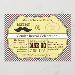 Yellow Mustache or Pearls Gender Reveal Invitation