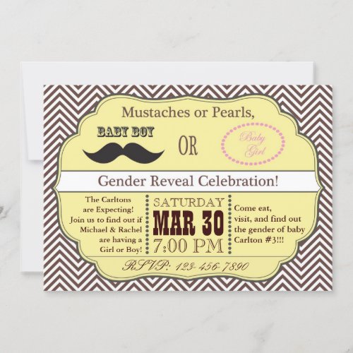 Yellow Mustache or Pearls Gender Reveal Invitation