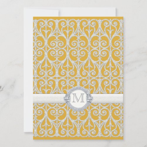 Yellow n Grey Diamonds  Lace Monogrammed Wedding Invitation